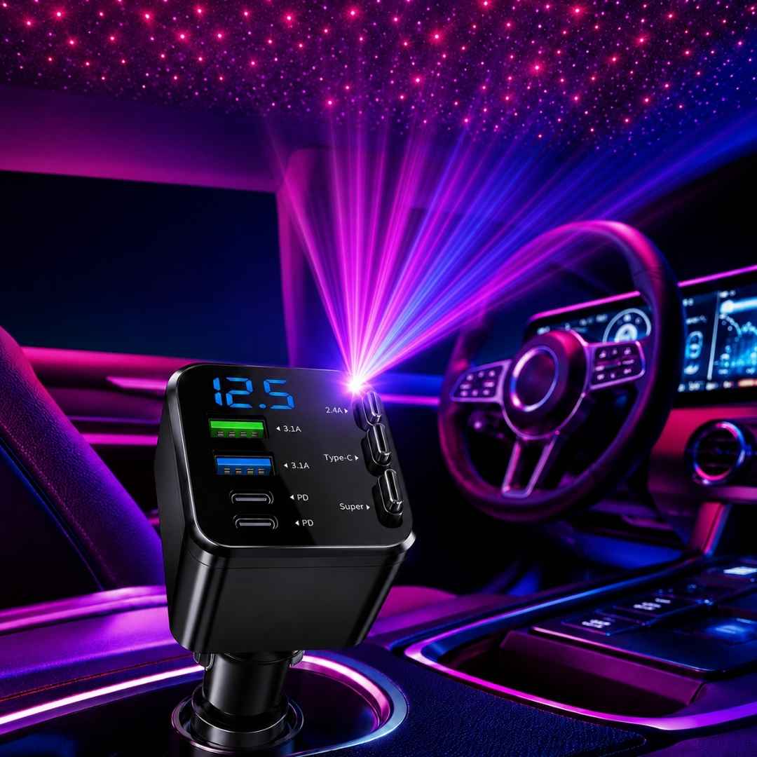 Puerto Cargador de Celular Carro 4en1 con Proyector